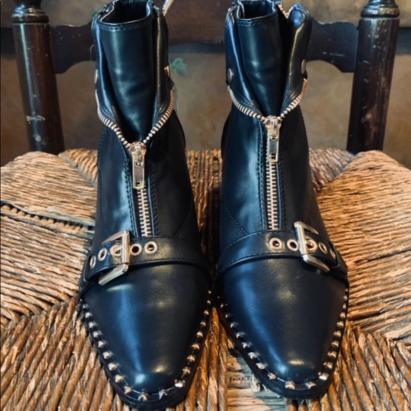 ✨Black Moto Ankle Boots Gold Zips Buckle Studs✨6.5 - Picture 2 of 13